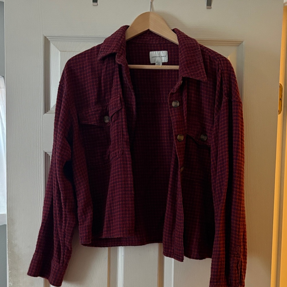American Eagle Outfitters Maroon Flannel Cropped Shirt